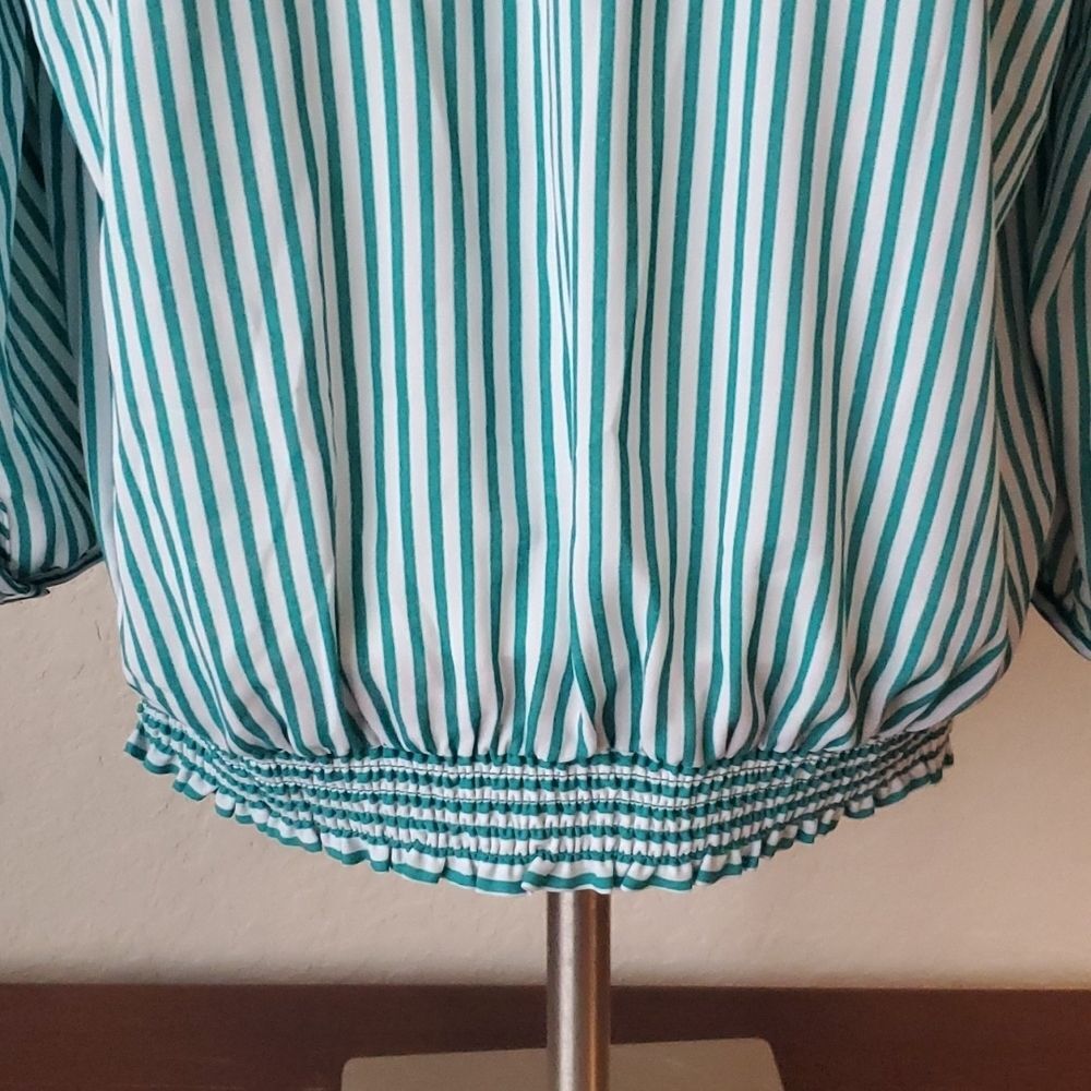 The Limited Teal Green Vertical Striped Tie Neck Blouse Size Medium 3/4 Sleeve - Picture 3 of 10
